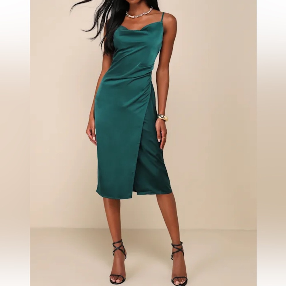 Lulus Hollywood Woman Forest Green Satin Midi Dress Size Small & Medium